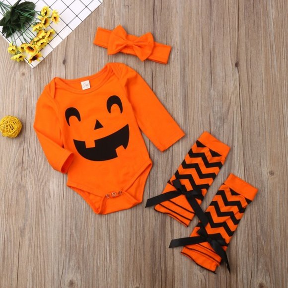 Other - Girl girls toddler baby outfit Halloween pumpkin orange onesie bow socks new